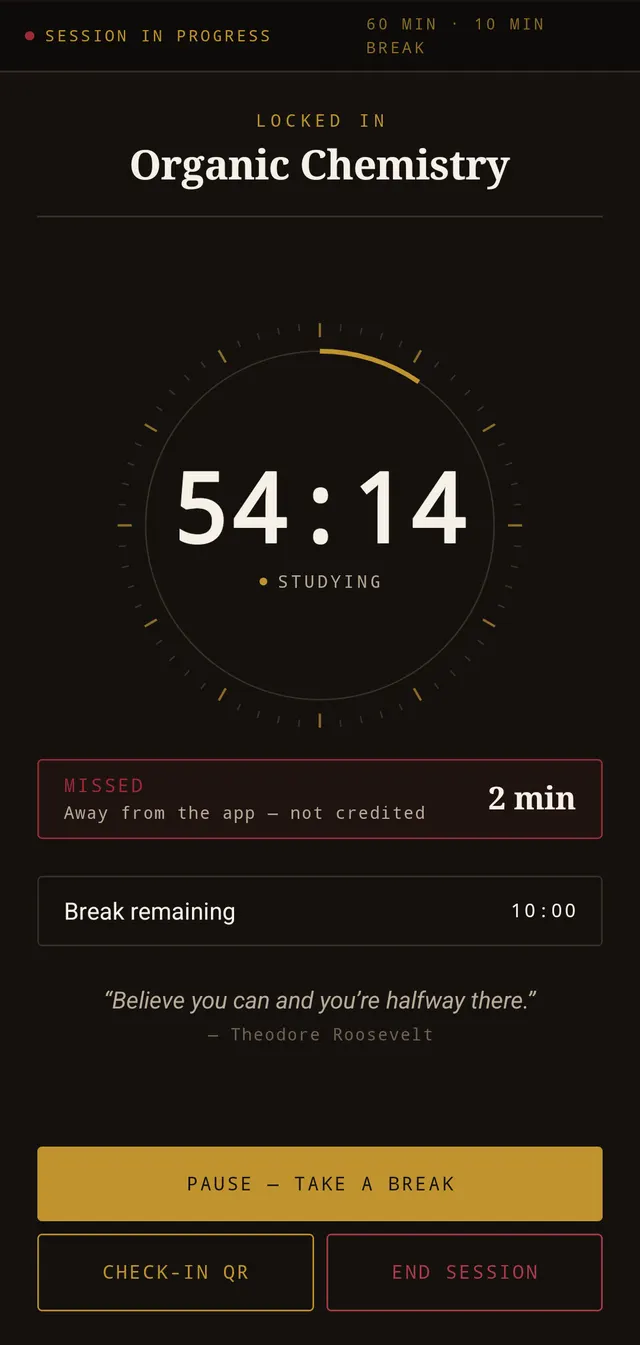The Lockin session timer counting down from 54 minutes, with a garnet box beneath it reading MISSED, 2 min — away from the app, not credited.