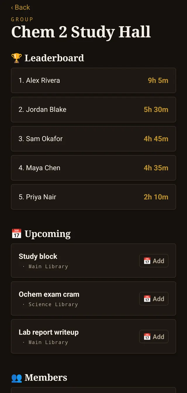 A study group called Chem 2 Study Hall, with a leaderboard of members by hours studied and a list of upcoming sessions.