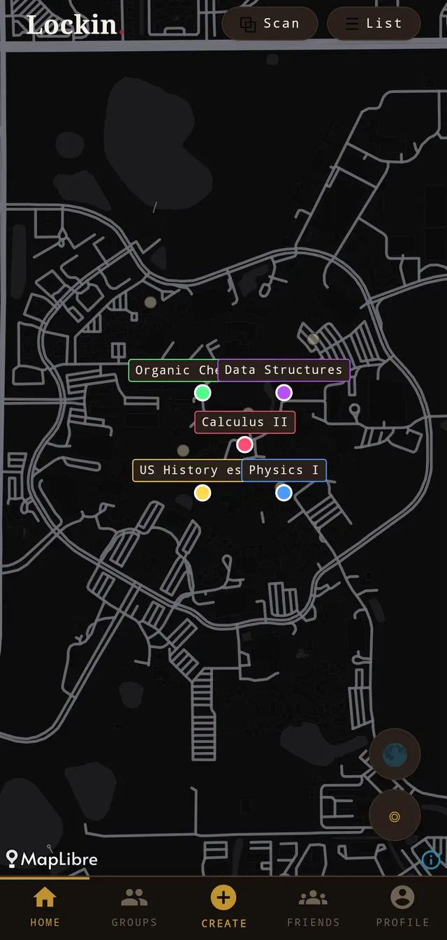A campus map with labelled pins for study sessions in progress — Organic Chemistry, Data Structures, Calculus II, US History and Physics I.